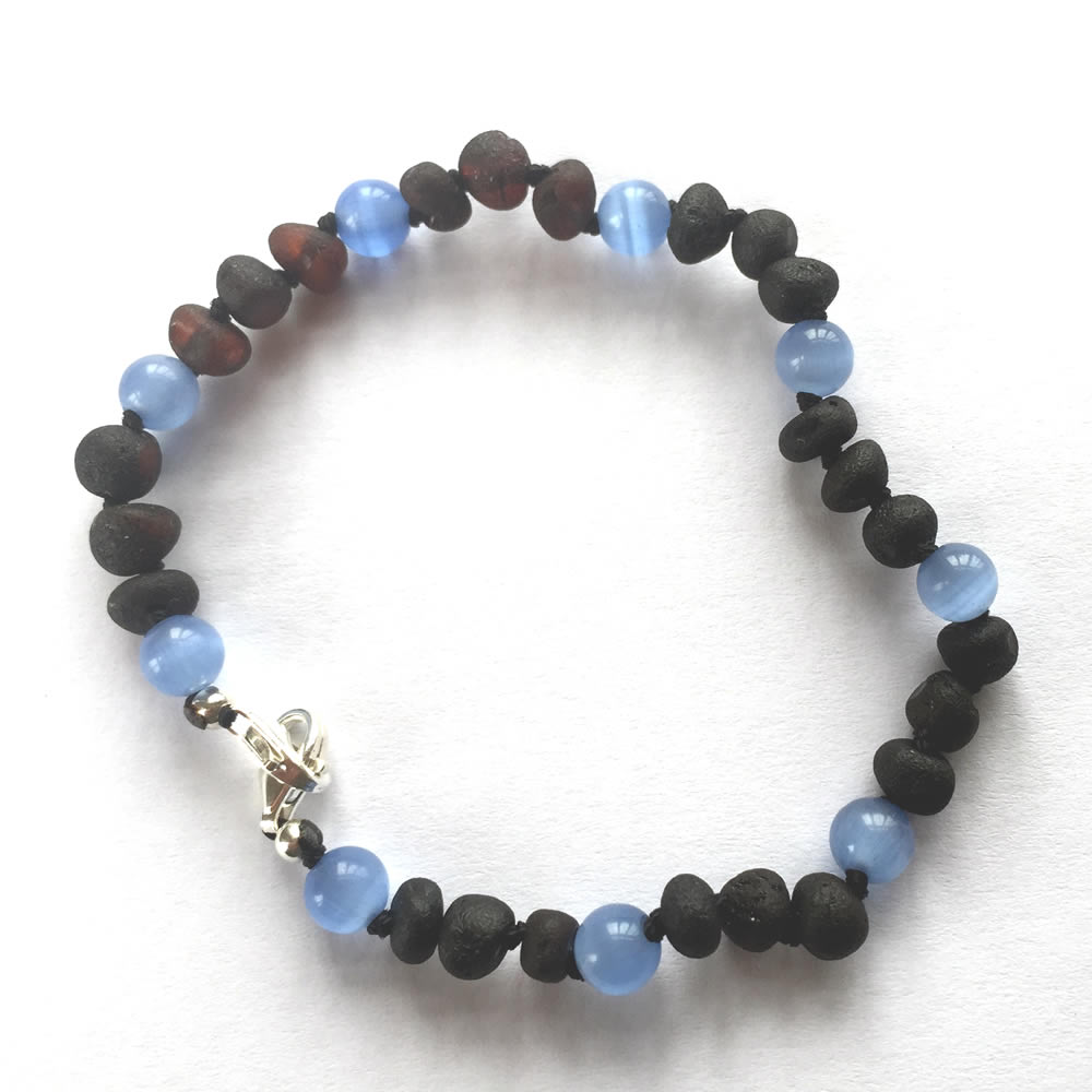 Adjustable Unpolished Dark Cherry Amber and Blue Cats Eye Anklet / Bracelet